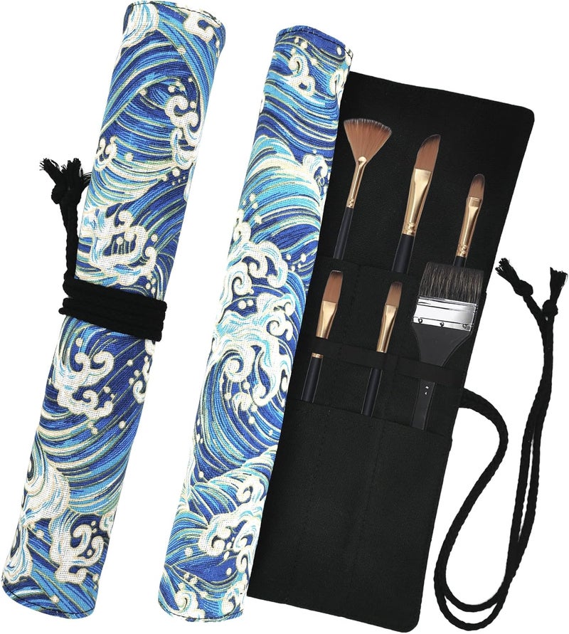 Funny live Paint Brush Holder Art Supplies, Artist Brush Holder & Art Supply Storage Organizer Roll-Up Case Bag, Protect Acrylic Oil Watercolor Paintbrushes (Blue Sea Wave-20 Slot Pockets) - Image 1